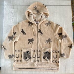 Vintage Equestrian Rodeo Fleece Hooded zip up Jacket with Horse Pockets Size XL